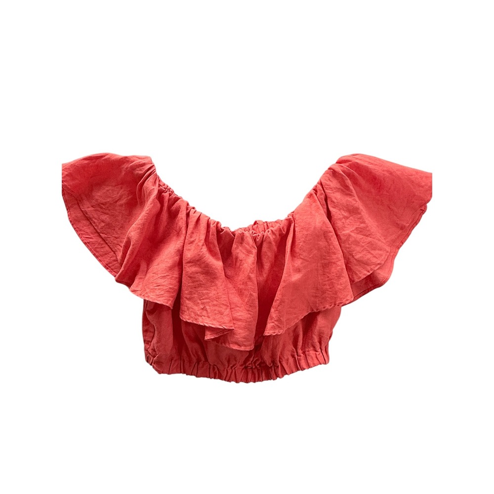Banana Republic Off Shoulder Ruffle Top Womens S Coral Pink Linen Crop 861312